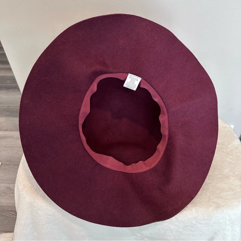 100% Wool Wide Brim Burgundy Wine Red Target Round Floppy Hat Thin Black Belt